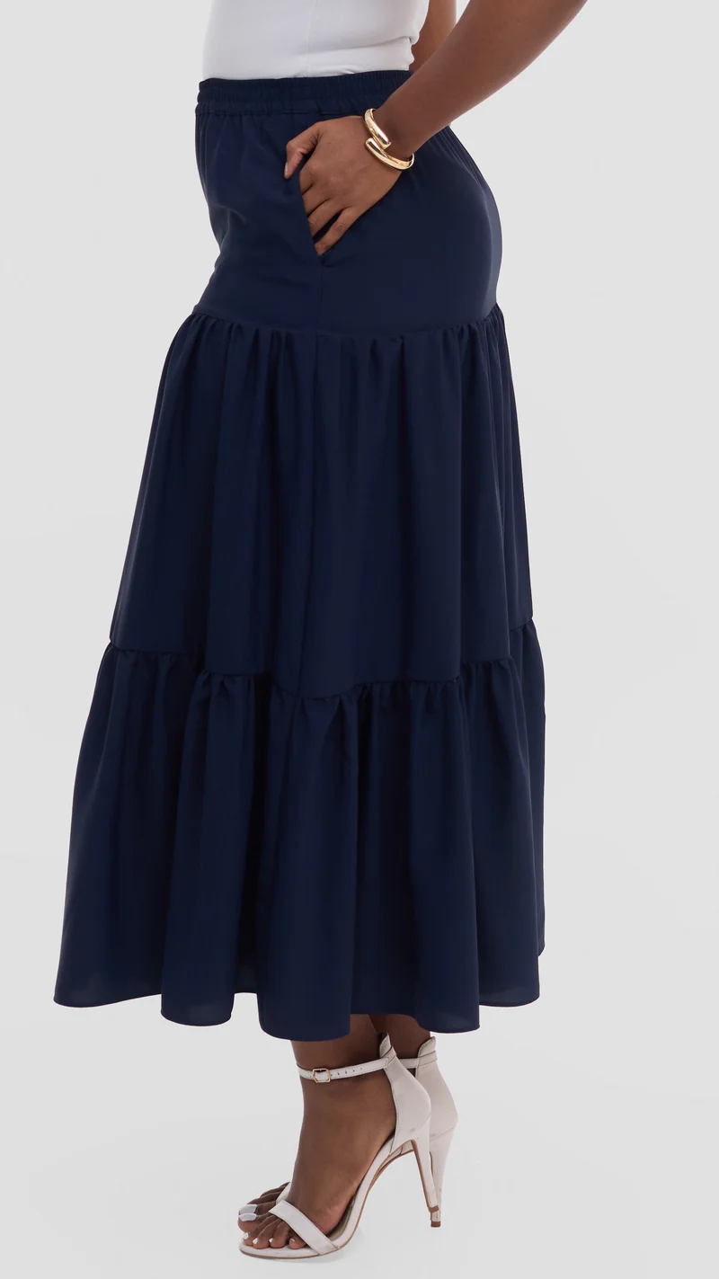 Vivo Liora Tiered Maxi Skirt in Crepe - Navy