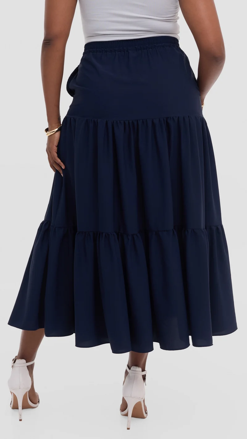 Vivo Liora Tiered Maxi Skirt in Crepe - Navy
