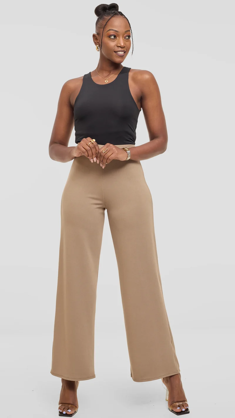 Vivo Selah Palazzo Pants in Stretch Rib Stretch Rib - Taupe