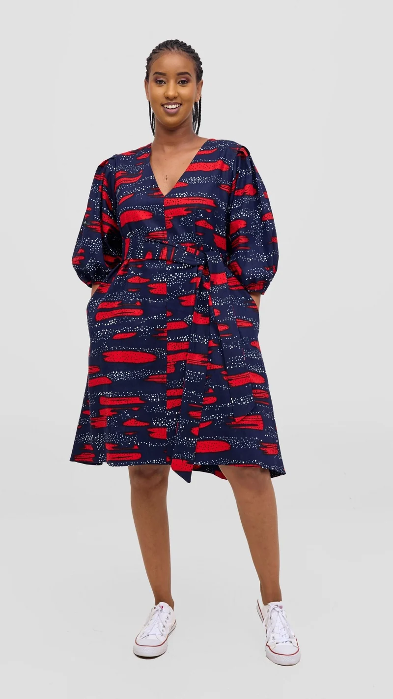 Safari Tara Bishop Sleeve Dress -Navy / Red Maya Print