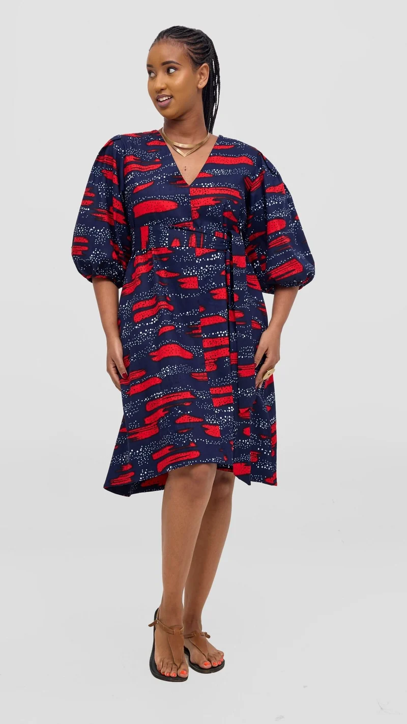 Safari Tara Bishop Sleeve Dress -Navy / Red Maya Print