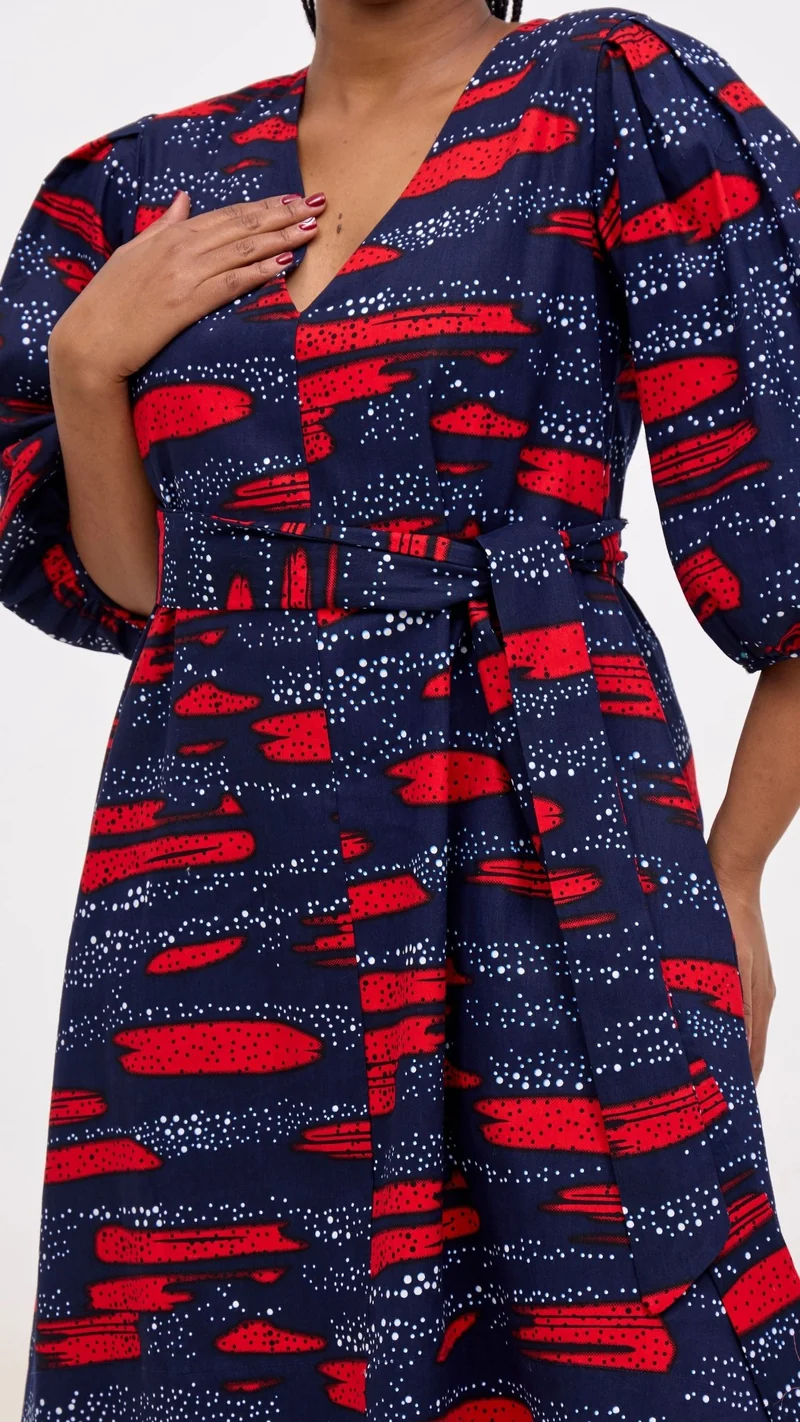 Safari Tara Bishop Sleeve Dress -Navy / Red Maya Print