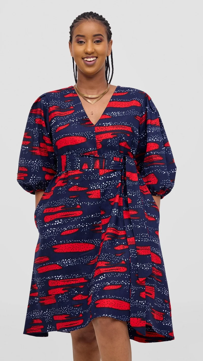 Safari Tara Bishop Sleeve Dress -Navy / Red Maya Print