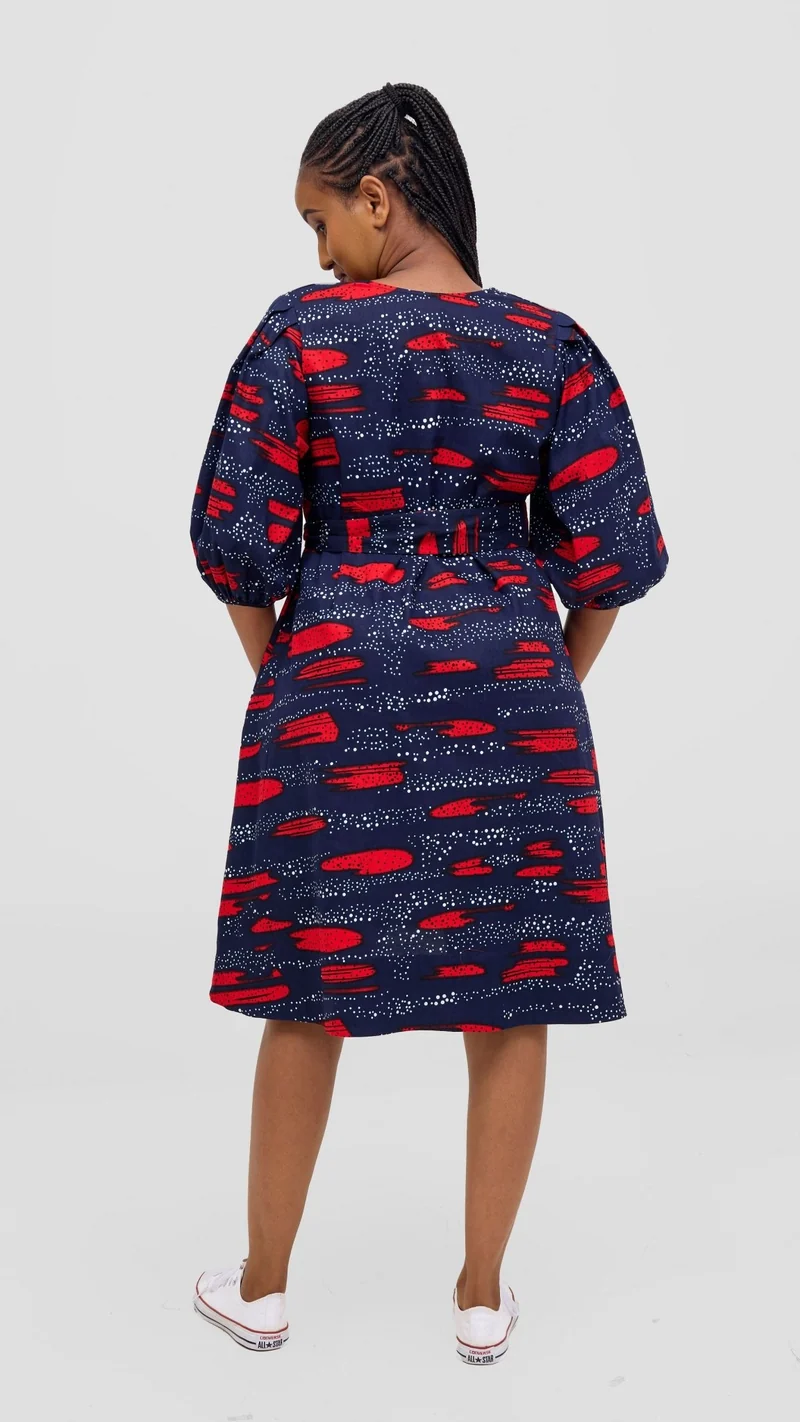 Safari Tara Bishop Sleeve Dress -Navy / Red Maya Print