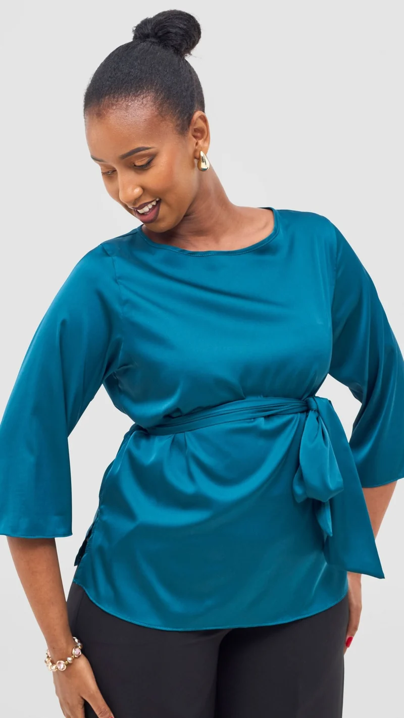 Vivo Takali 3/4 Sleeve Tie Top - Dark Teal