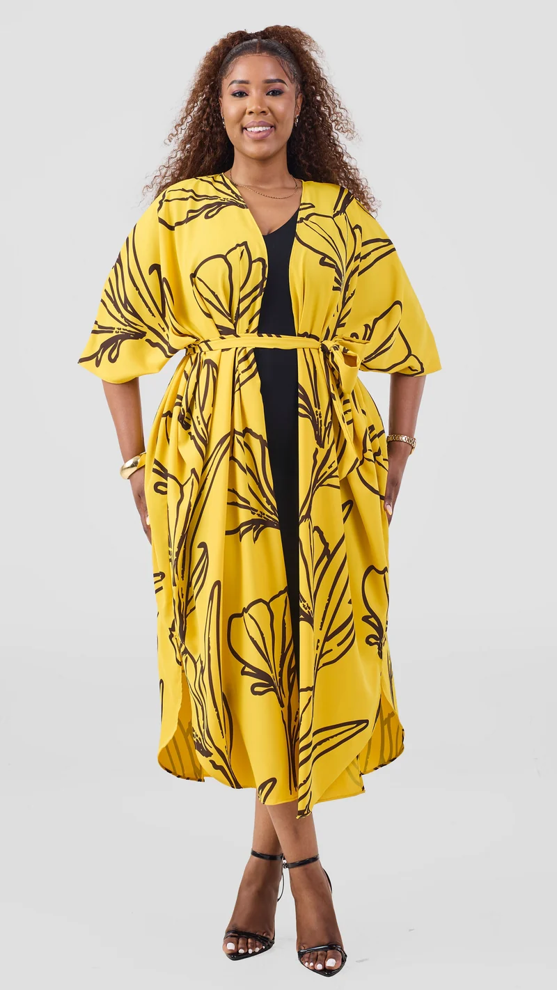Vivo Scalloped Kimono In Crepe - Light Green / Rust Print