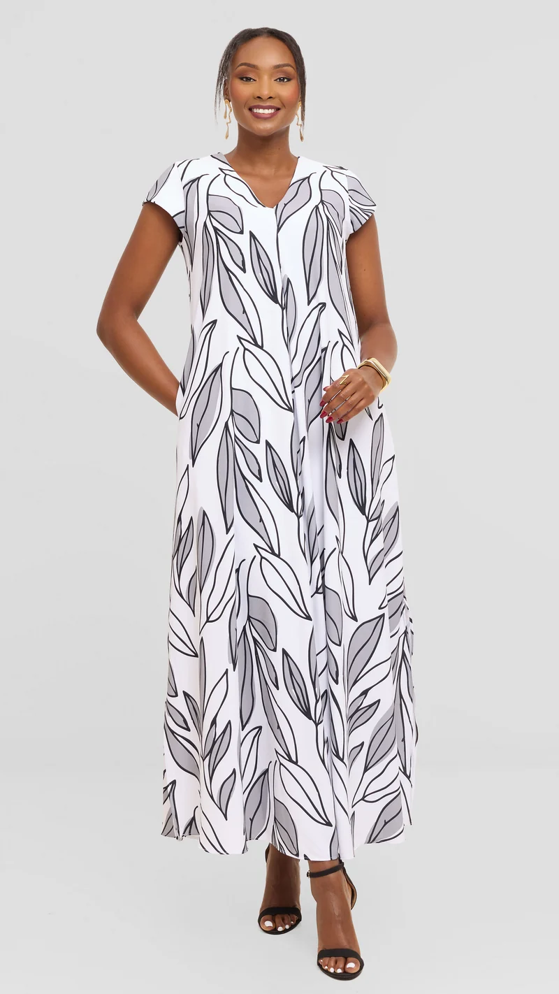 Vivo Kani Cap Sleeve Maxi Dress in Textured Crepe - White / Black Zera Print