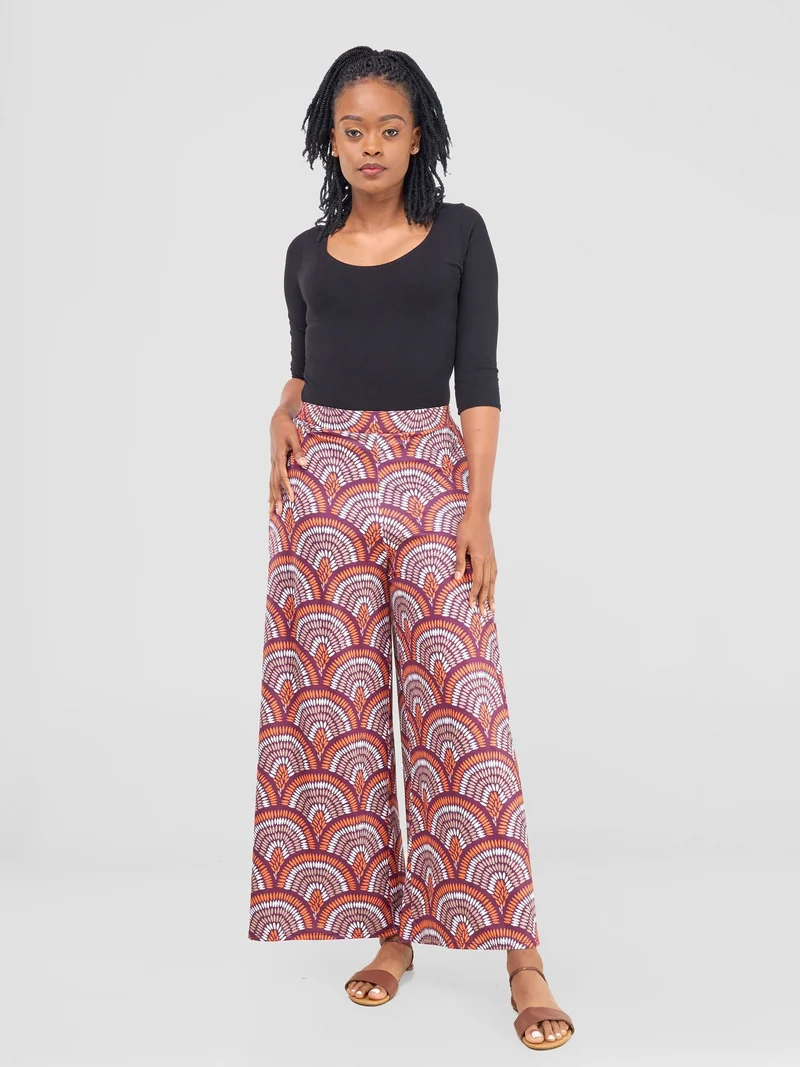 Vivo Nkasi Wide Leg Pants - Burgundy / Orange Kasi Print