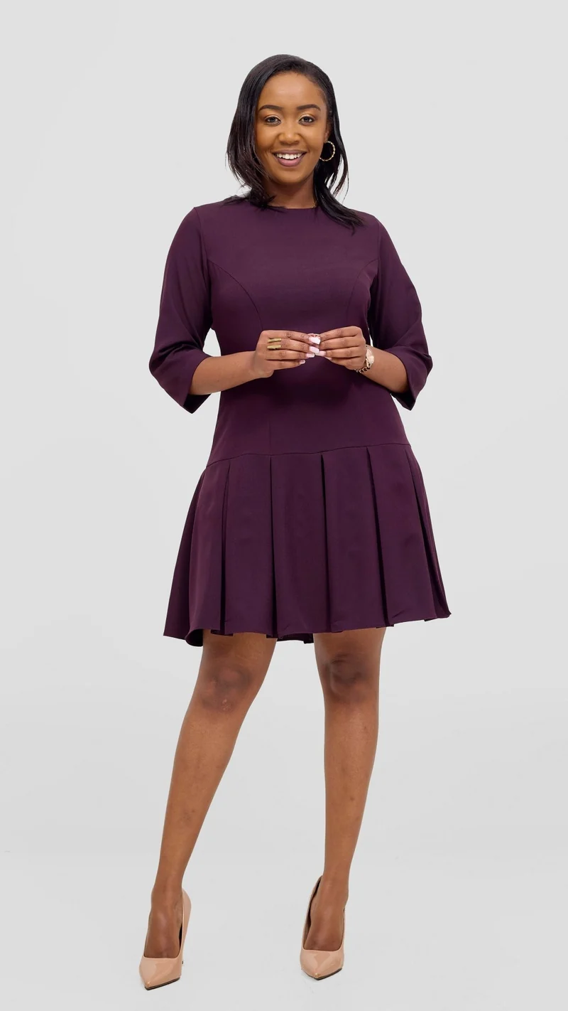 Vivo Diella 3/4 Sleeve Pleated Dress - Mulberry