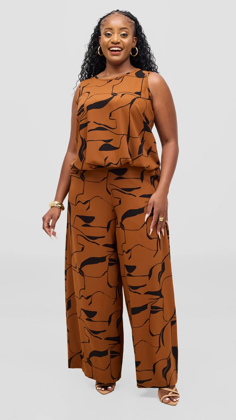 Vivo Liora Sleeveless Drawstring Top - Rust / Black Ziza Print