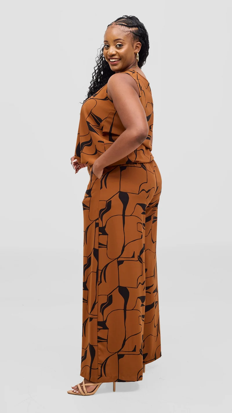 Vivo Liora Sleeveless Drawstring Top - Rust / Black Ziza Print