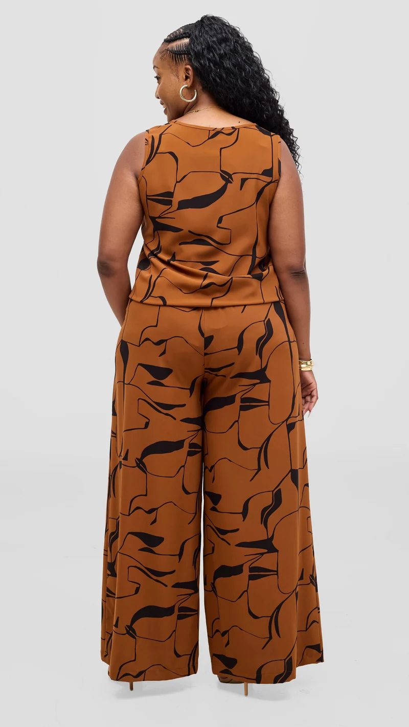 Vivo Liora Sleeveless Drawstring Top - Rust / Black Ziza Print