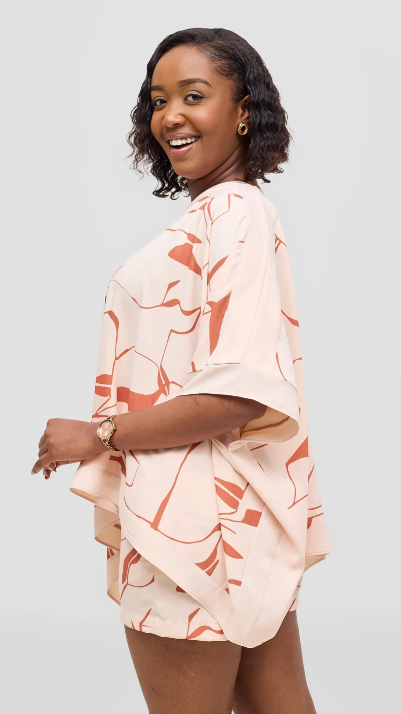 Vivo Liora Kaftan Top - Cream / Coral Ziza Print