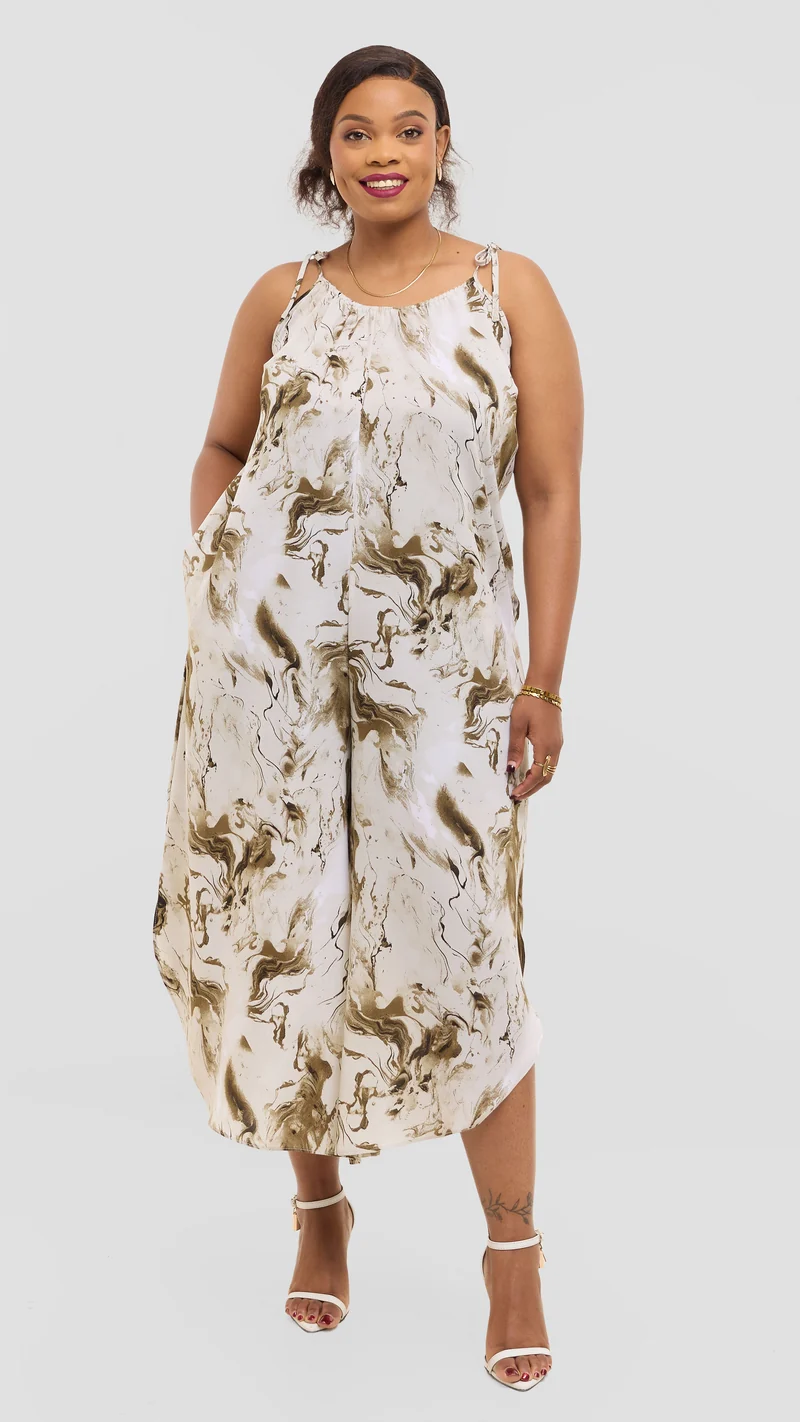 Vivo Liora Strappy Cullote Jumpsuit in Crepe - Peach / Brown Spiral