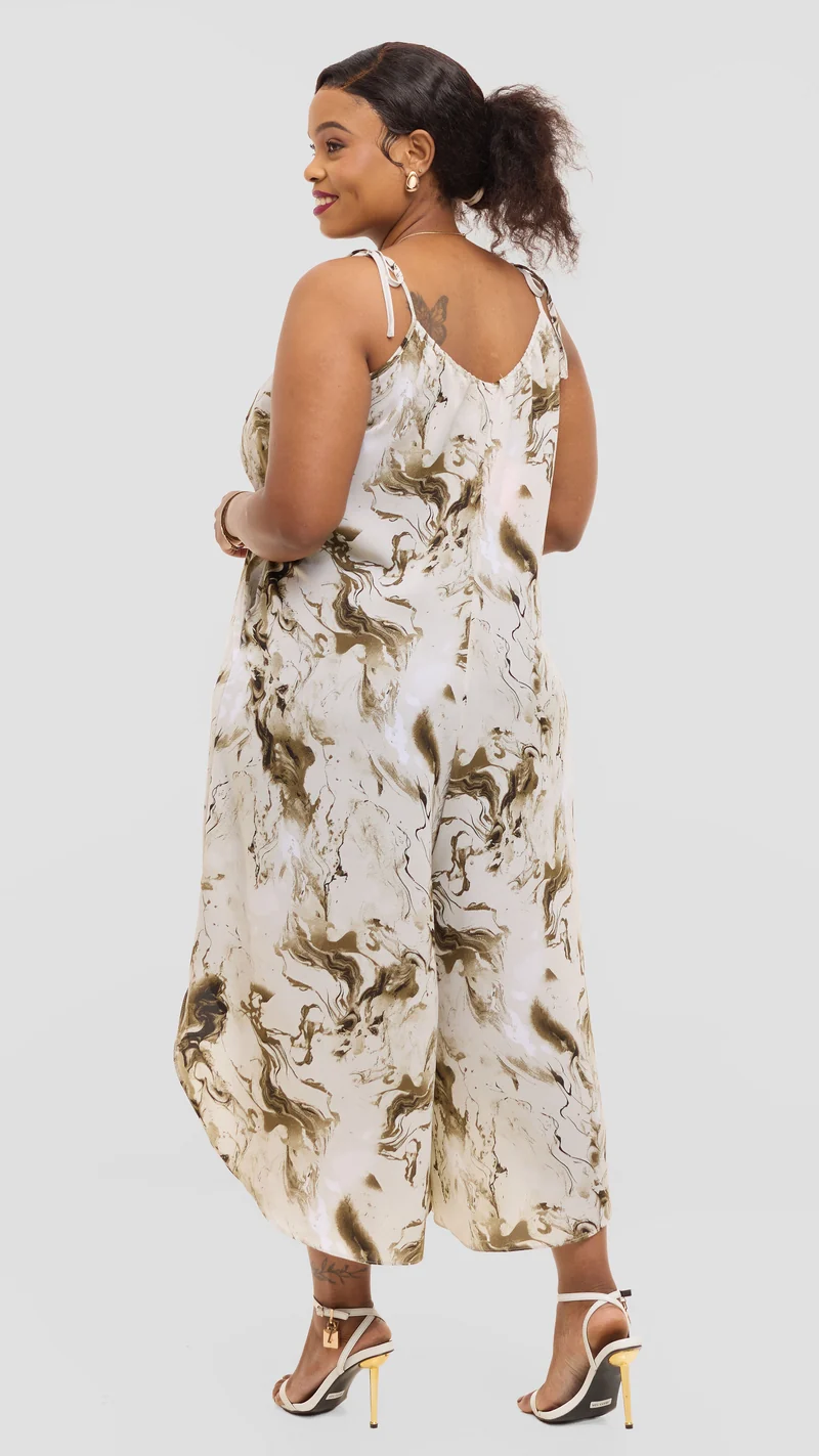 Vivo Liora Strappy Cullote Jumpsuit in Crepe - Peach / Brown Spiral