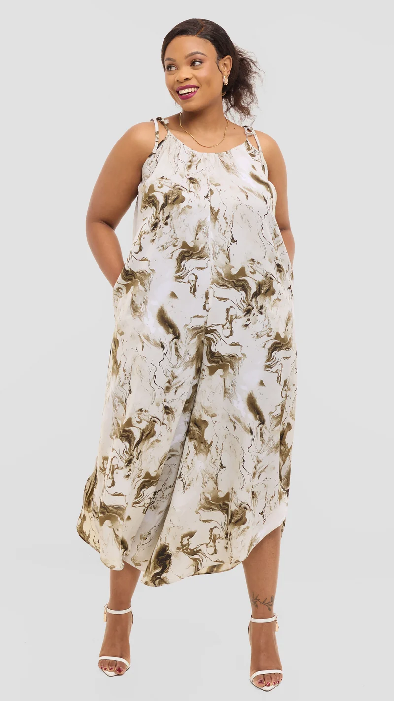 Vivo Liora Strappy Cullote Jumpsuit in Crepe - Peach / Brown Spiral