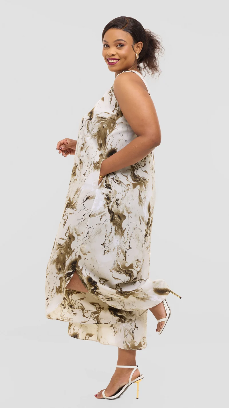 Vivo Liora Strappy Cullote Jumpsuit in Crepe - Peach / Brown Spiral