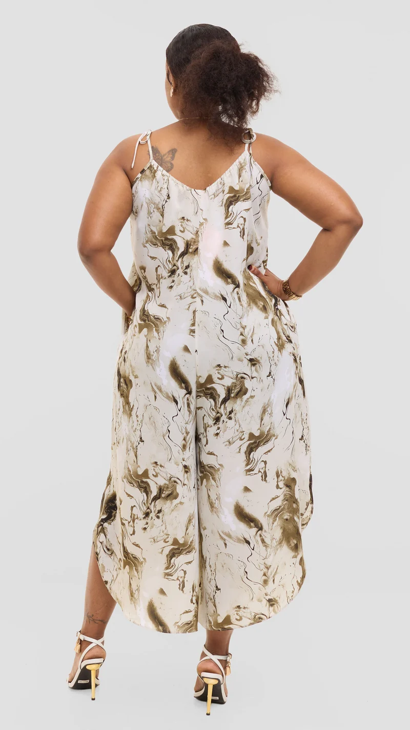 Vivo Liora Strappy Cullote Jumpsuit in Crepe - Peach / Brown Spiral