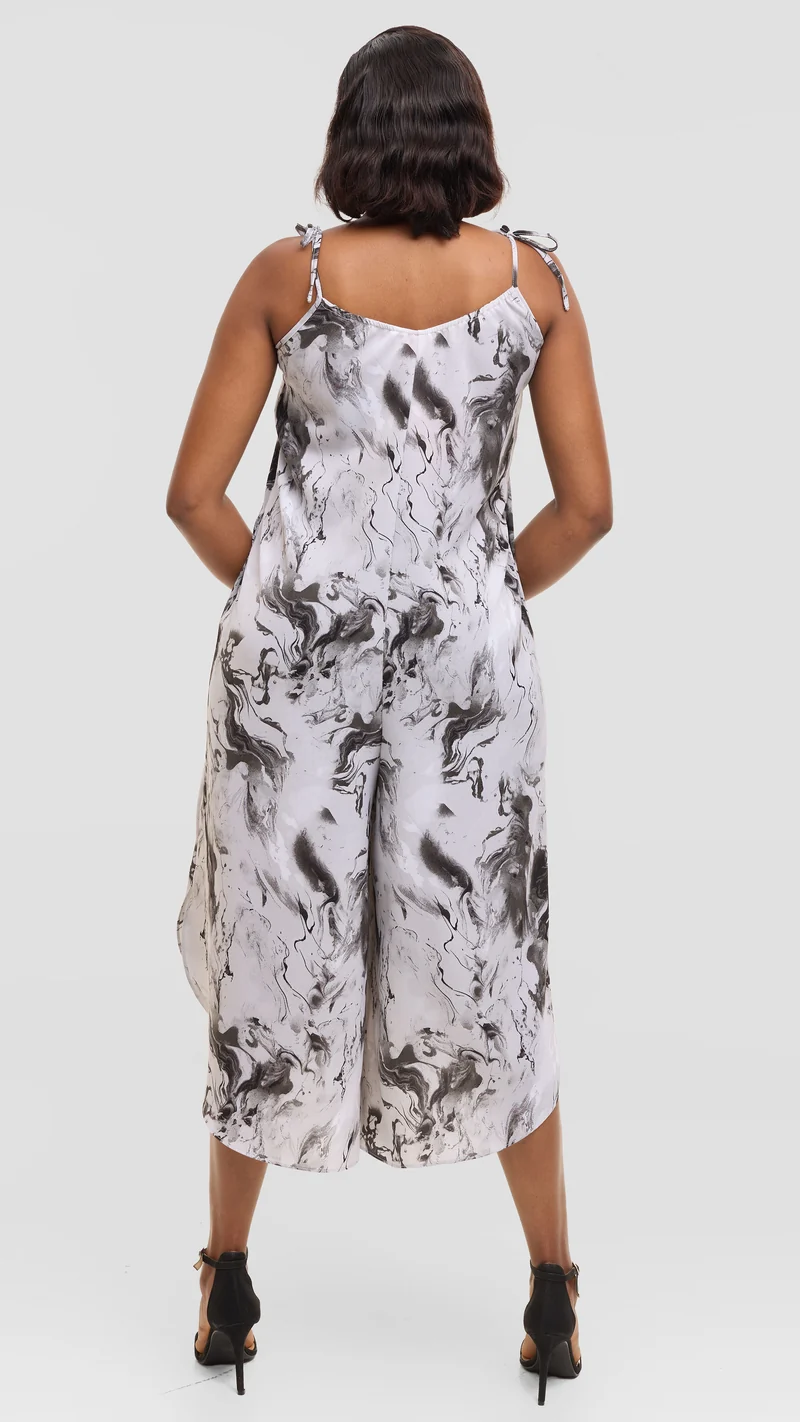 Vivo Liora Strappy Cullote Jumpsuit in Crepe - Grey / Black Spiral