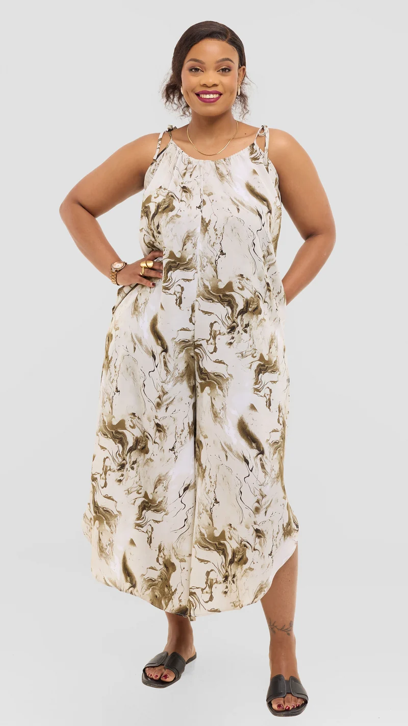 Vivo Liora Strappy Cullote Jumpsuit in Crepe - Olive / Black Spiral