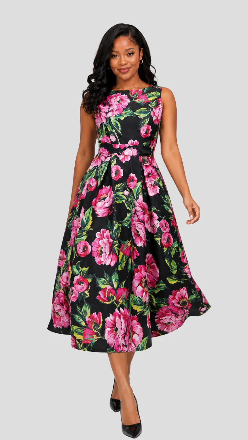 The Fashion Frenzy Noir Rose Garden Midi Dress - Black / Pink