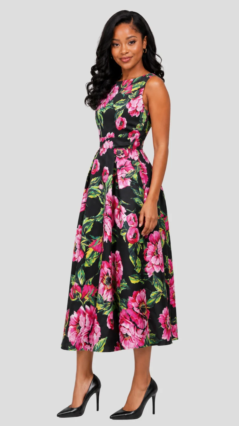 The Fashion Frenzy Noir Rose Garden Midi Dress - Black / Pink