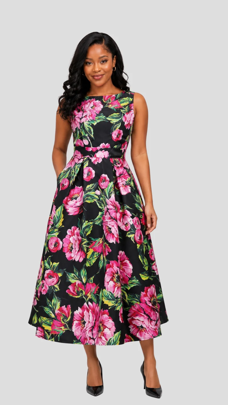 The Fashion Frenzy Noir Rose Garden Midi Dress - Black / Pink