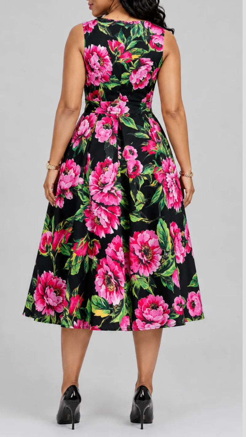 The Fashion Frenzy Noir Rose Garden Midi Dress - Black / Pink