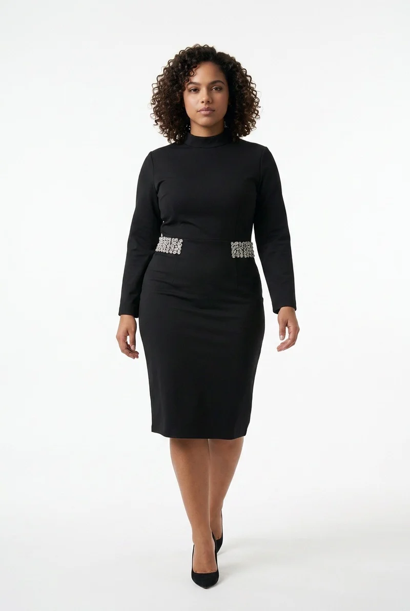 Stylish Sisters Rhinestone Trim Neck Bodycon Dress - Black