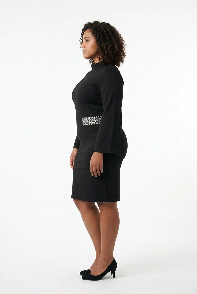 Stylish Sisters Rhinestone Trim Neck Bodycon Dress - Black