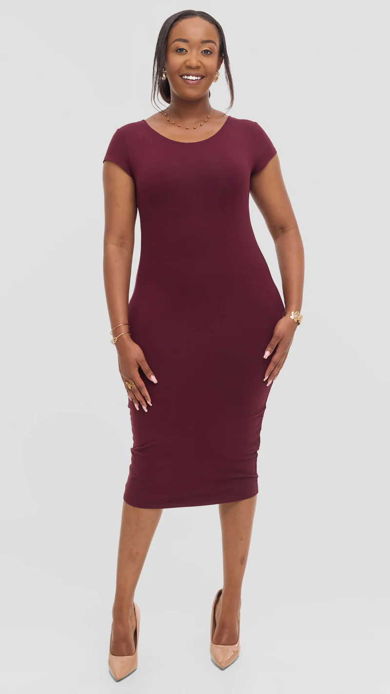 Vivo Basic Cap Sleeve Bodycon in Rayon - Burgundy