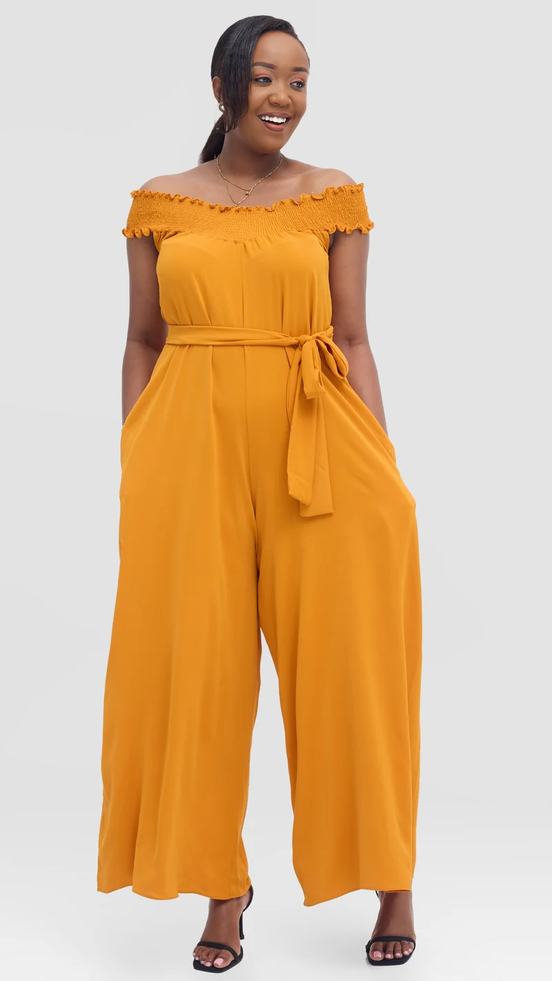 Vivo Alek Shirred Off Shoulder Jumpsuit in Crepe - Mustard