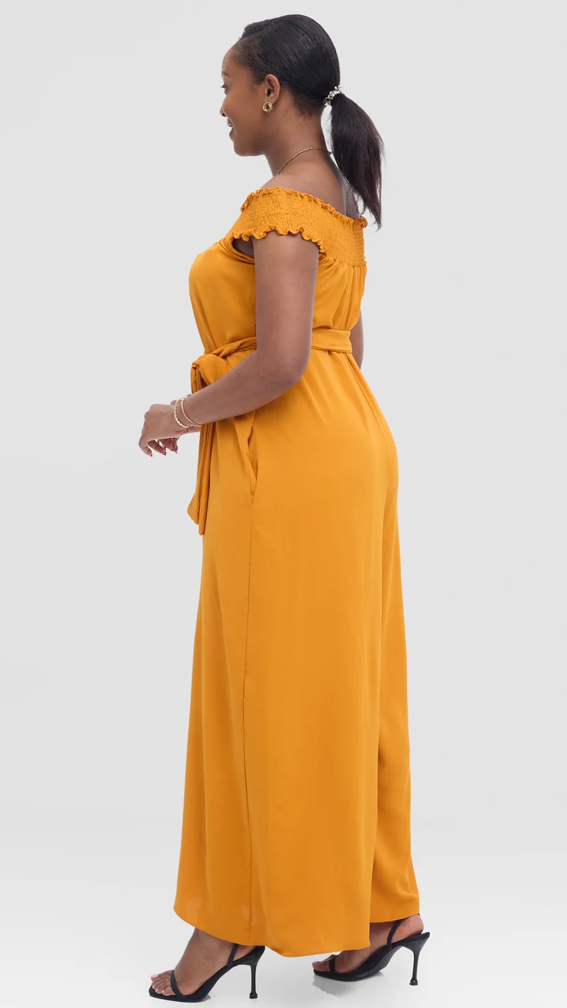 Vivo Alek Shirred Off Shoulder Jumpsuit in Crepe - Mustard