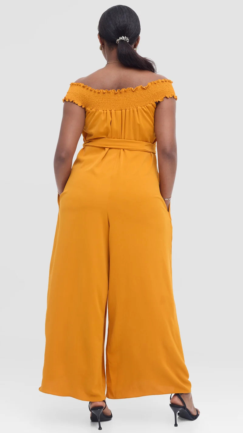 Vivo Alek Shirred Off Shoulder Jumpsuit in Crepe - Mustard