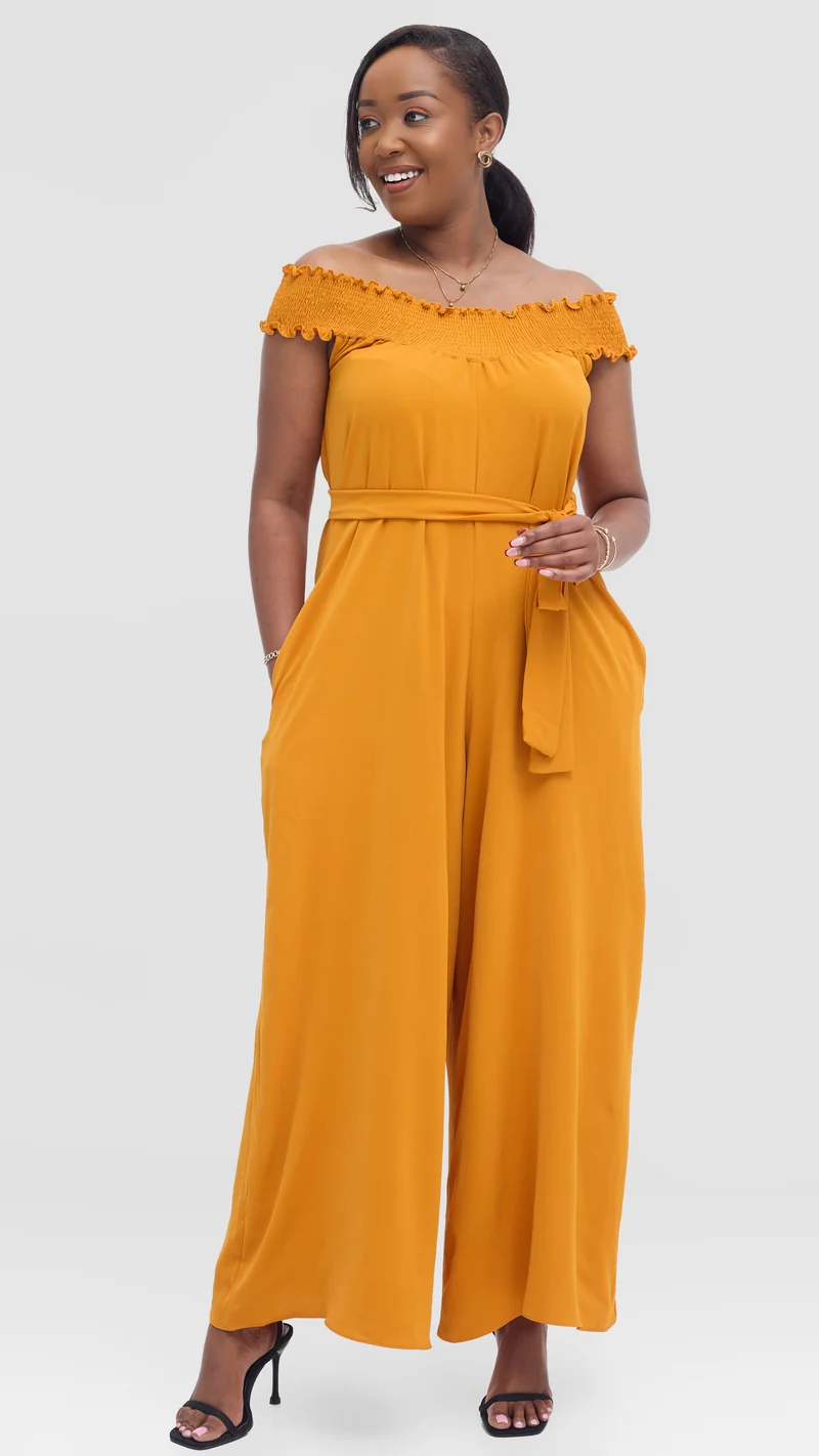 Vivo Alek Shirred Off Shoulder Jumpsuit in Crepe - Mustard