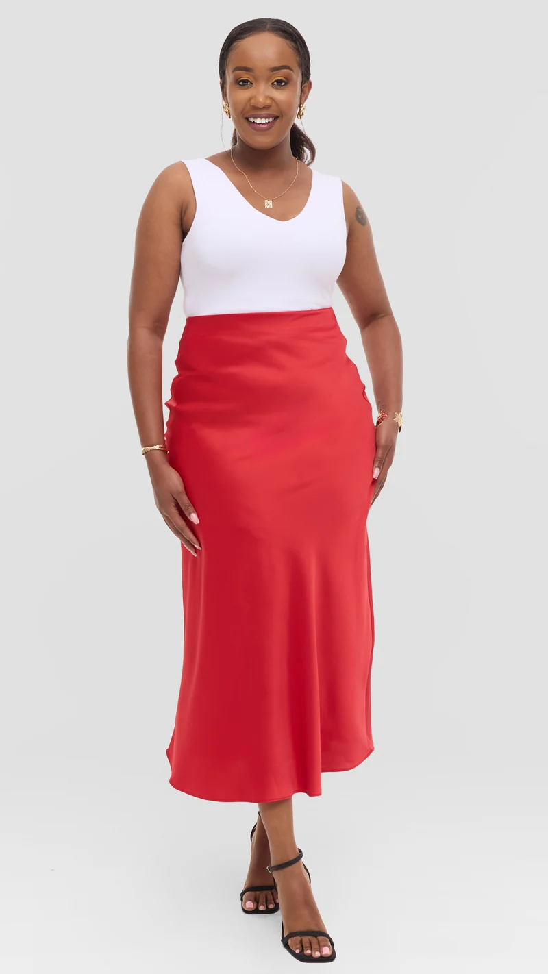 Vivo Talia Maxi Slip Skirt in Satin - Red