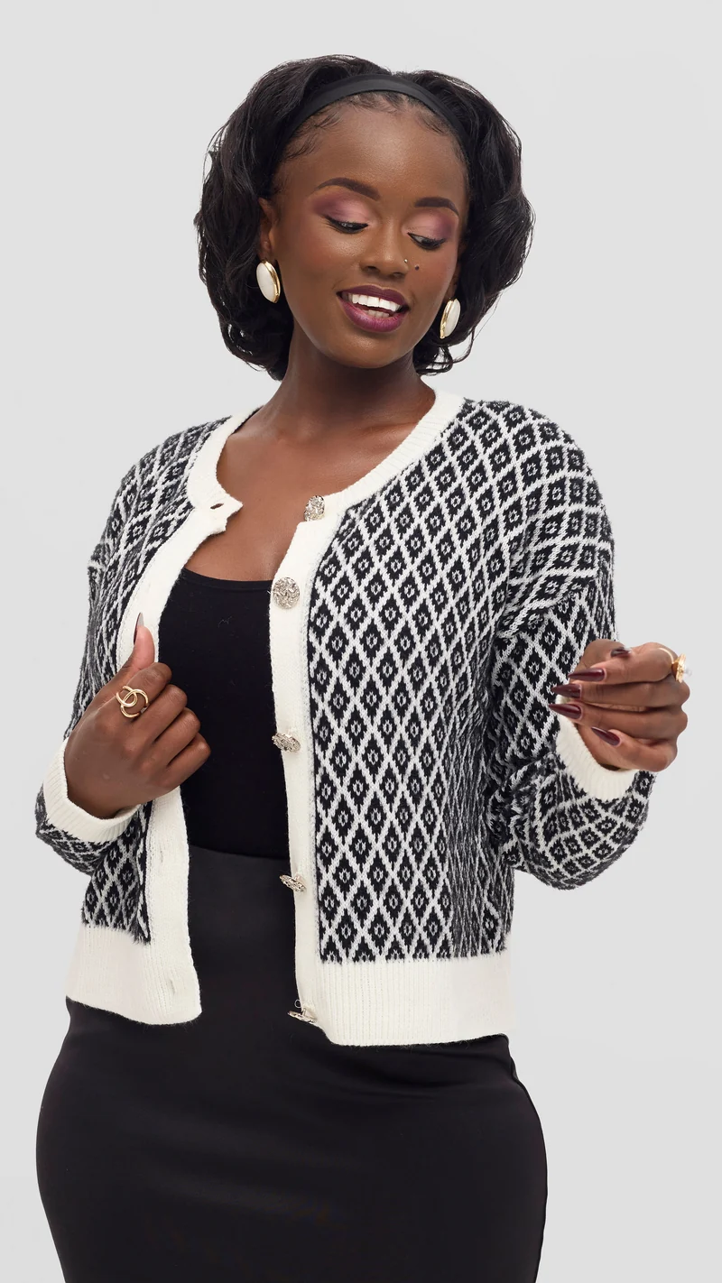 The Fashion Frenzy Ivory Trim Diamond Knit Cardigan - Ivory