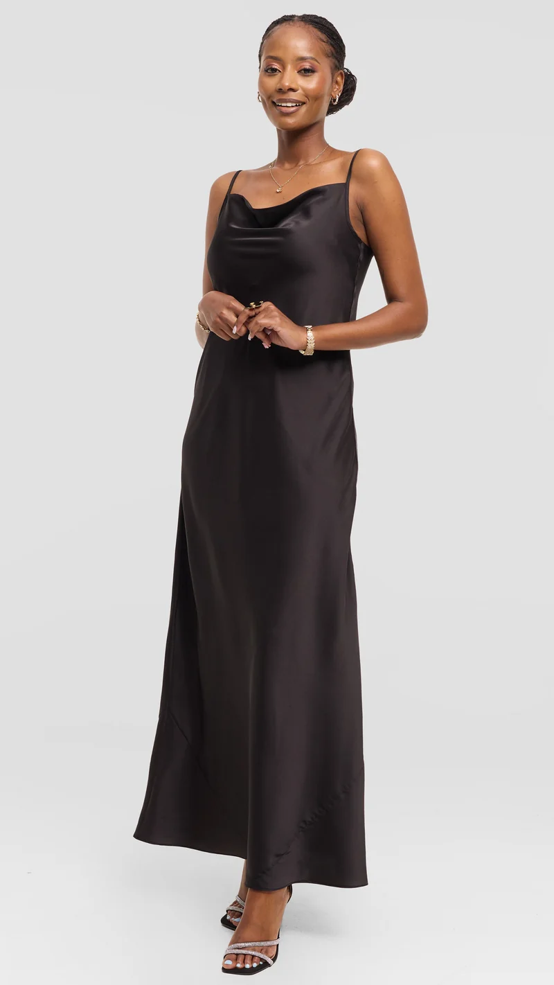 Vivo Studio Cowl Neck Maxi Dress in Satin - Black