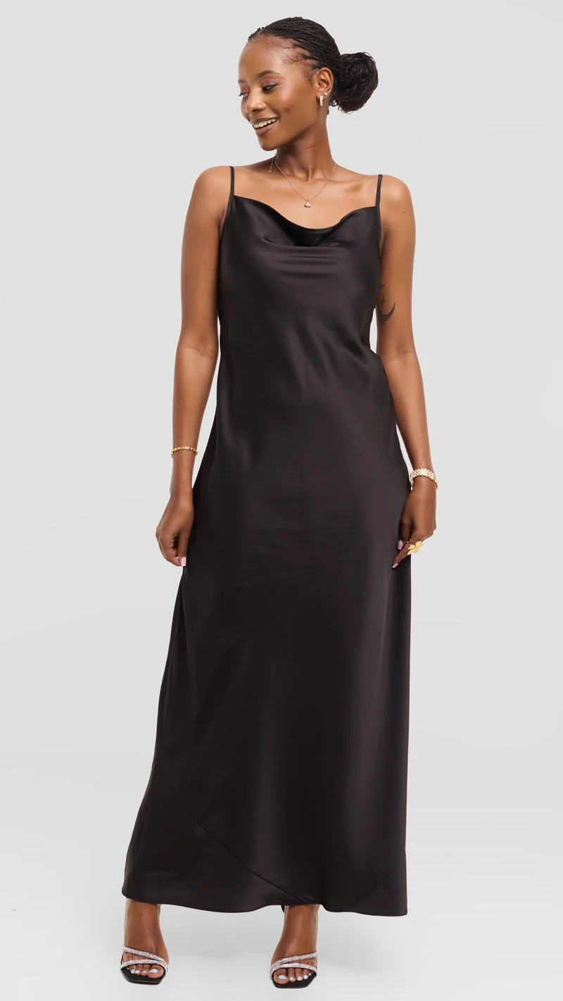 Vivo Studio Cowl Neck Maxi Dress in Satin - Black