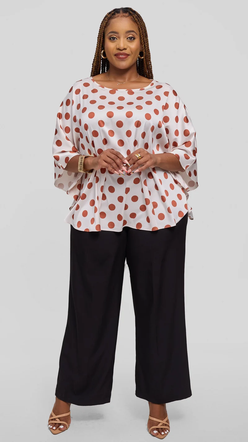 Vivo Keza Circular Loose Top in Satin - Off White / Rust Polka Print