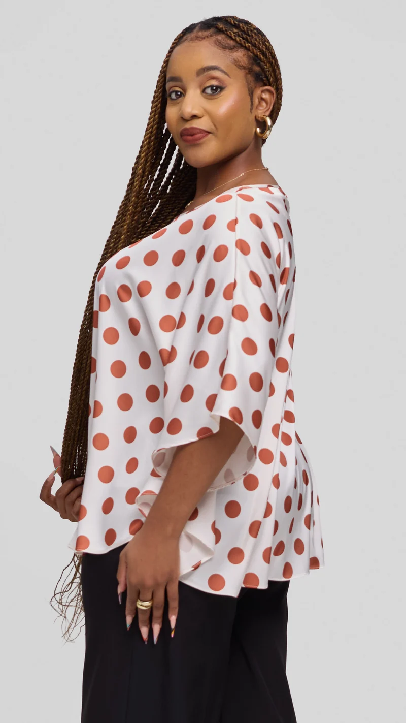 Vivo Keza Circular Loose Top in Satin - Off White / Rust Polka Print