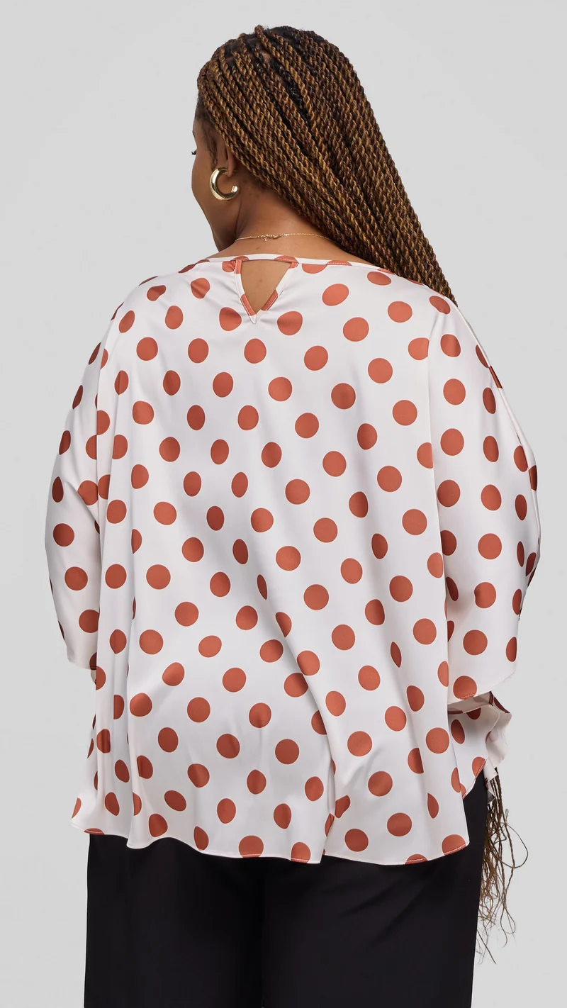 Vivo Keza Circular Loose Top in Satin - Off White / Rust Polka Print