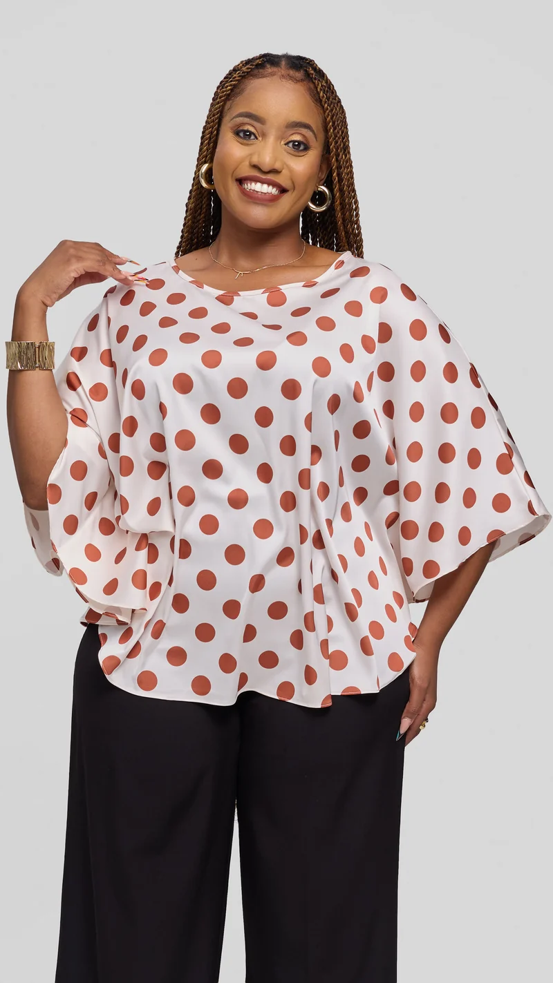 Vivo Keza Circular Loose Top in Satin - Off White / Rust Polka Print