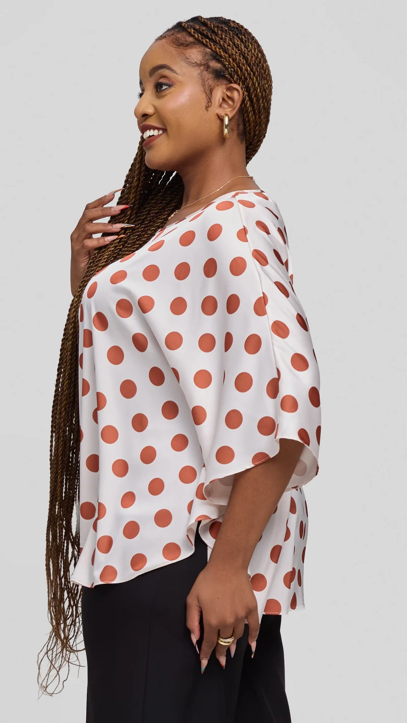 Vivo Keza Circular Loose Top in Satin - Off White / Rust Polka Print
