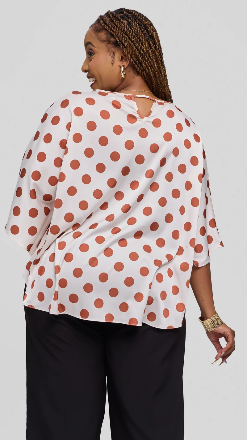 Vivo Keza Circular Loose Top in Satin - Off White / Rust Polka Print