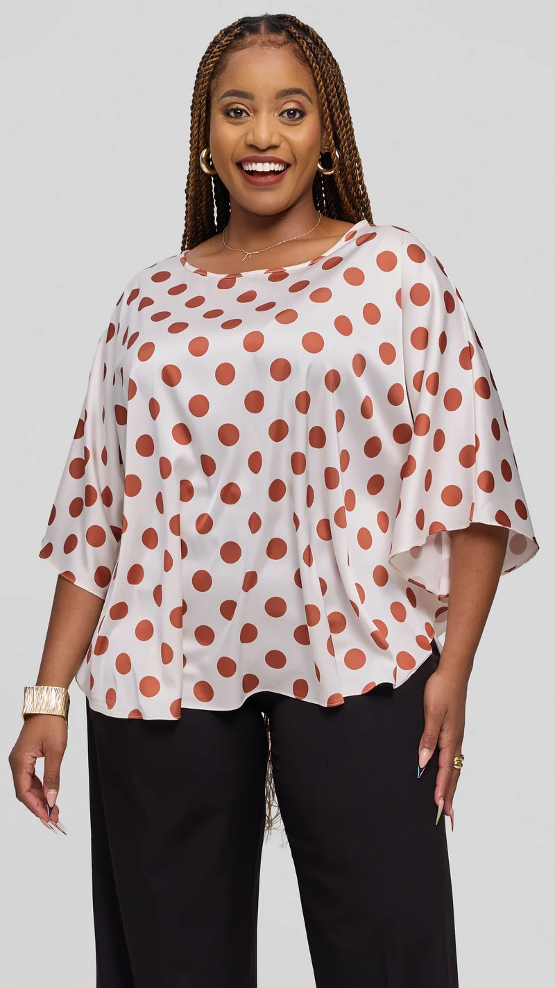 Vivo Keza Circular Loose Top in Satin - Off White / Rust Polka Print