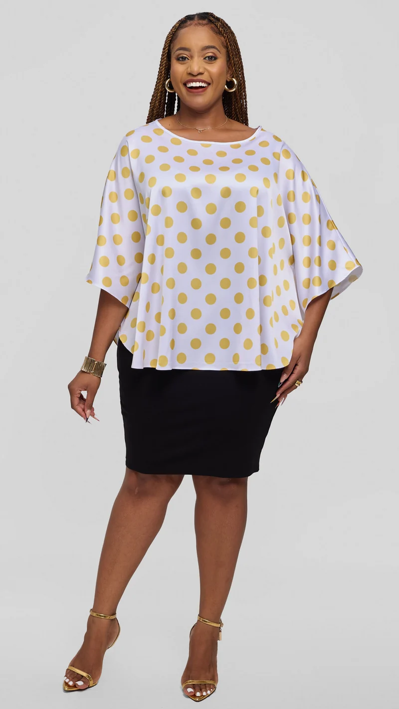 Vivo Keza Circular Loose Top in Satin - White / Yellow Polka Print