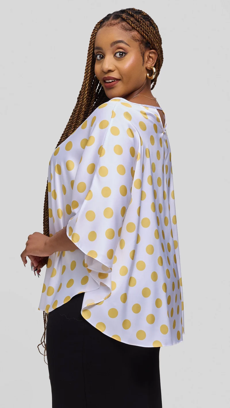 Vivo Keza Circular Loose Top in Satin - White / Yellow Polka Print