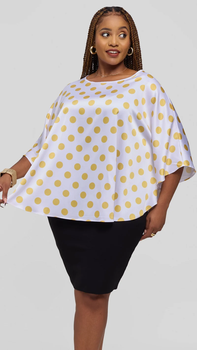 Vivo Keza Circular Loose Top in Satin - White / Yellow Polka Print