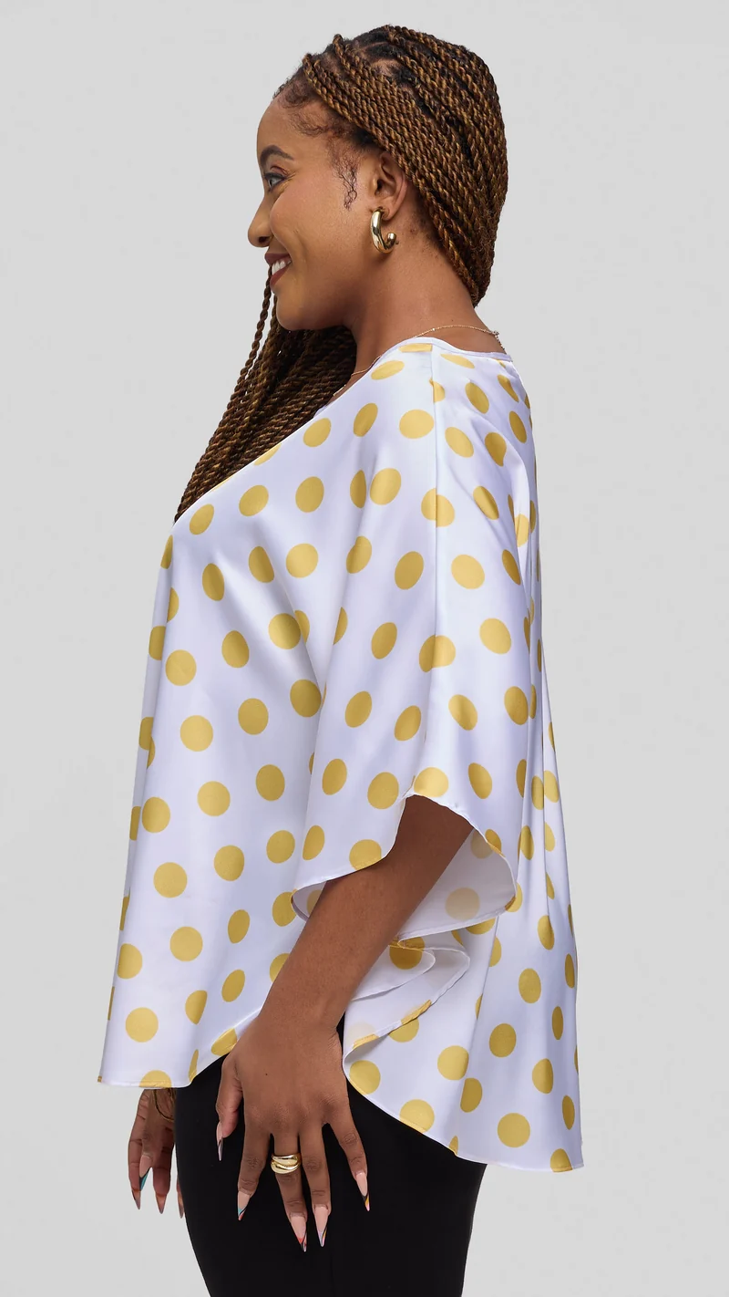 Vivo Keza Circular Loose Top in Satin - White / Yellow Polka Print